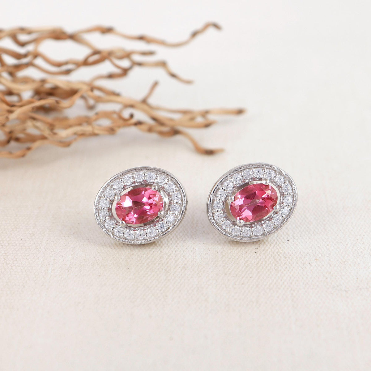 Pink Topaz Sterling Silver Halo Earrings: October Birthstone