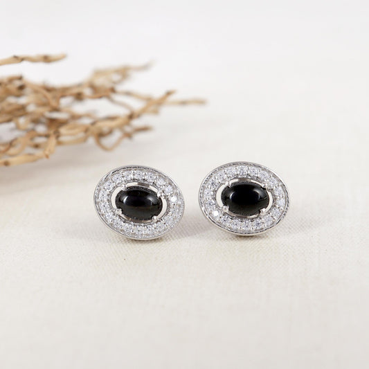 Black Star Silver Earrings: Oval Gemstone, CZ Halo, Sterling Silver