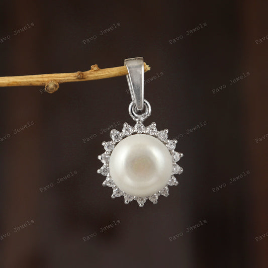 Sterling Silver Pearl Halo Pendant Necklace, Round White Cubic Zirconia, Bridal Jewelry
