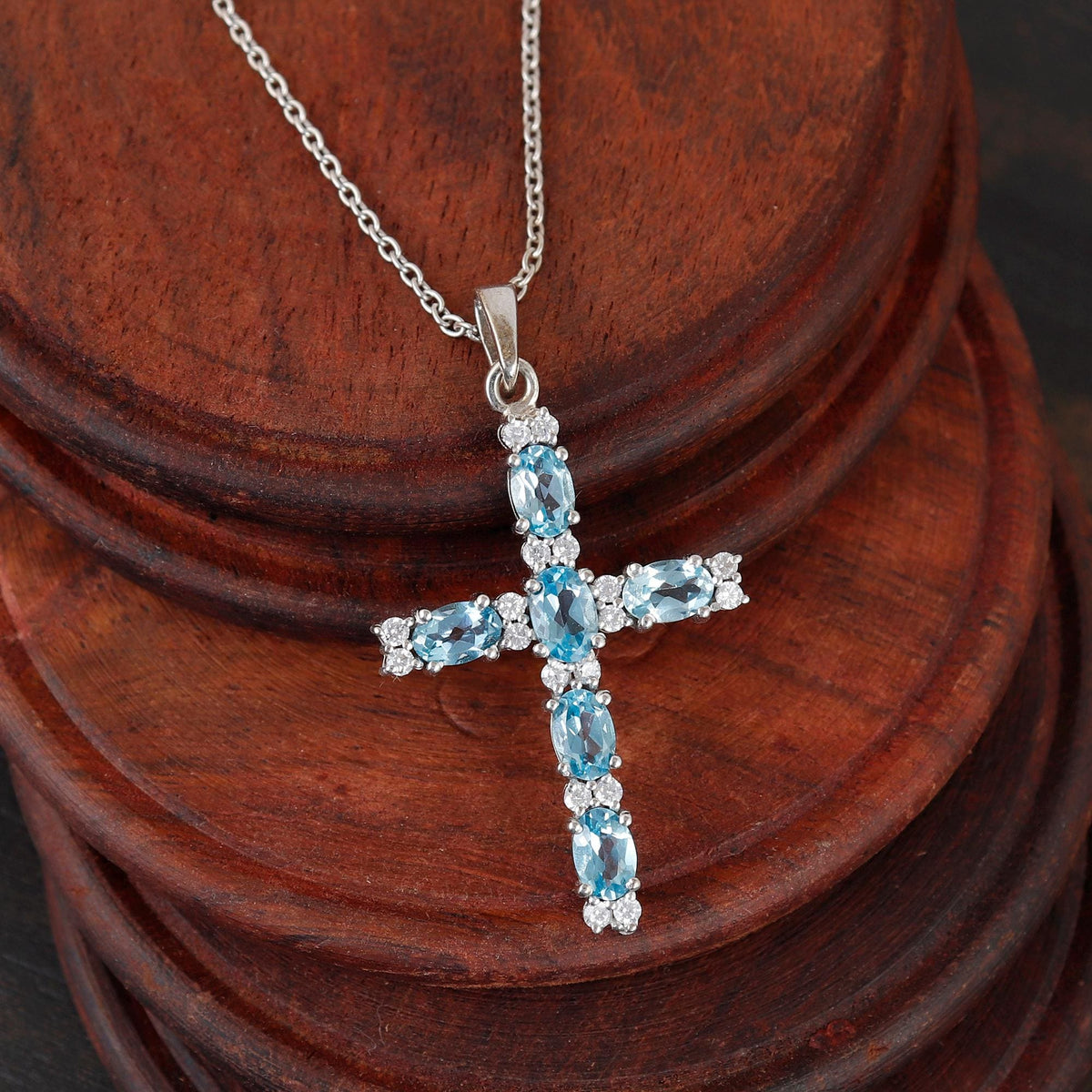 Blue Topaz Cross Silver Pendant Oval Sterling Silver December Birthstone Gift for her