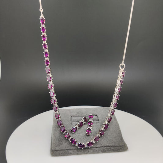Dainty Sterling Silver Rhodolite Necklace Earring Set, CZ Diamond, June Birthstone