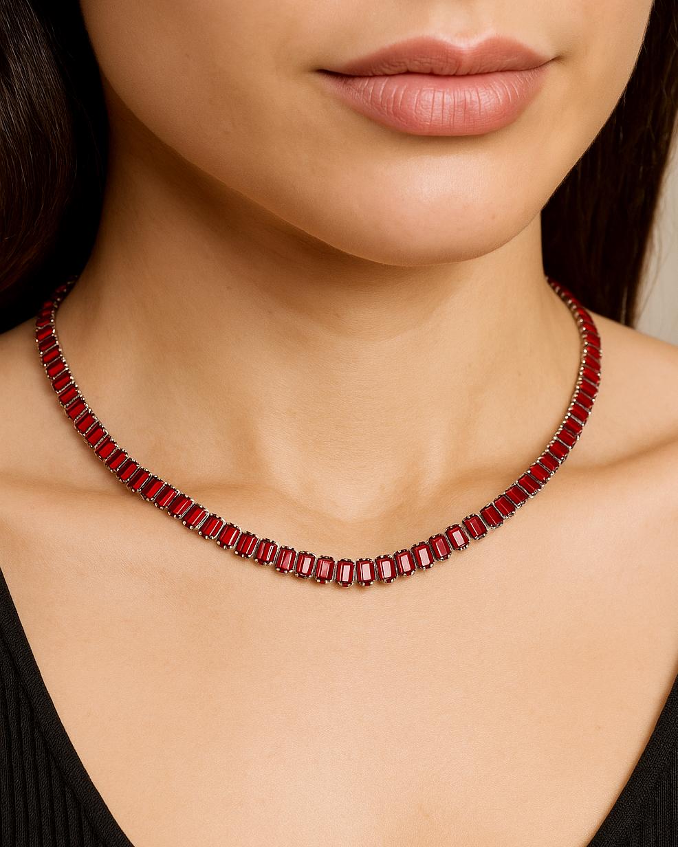 Natural Garnet Gemstone Necklace-Emerald Cut Gemstone-925 Sterling Silver Necklace-Garnet Necklace With Earring-January Birthstone Jewelry