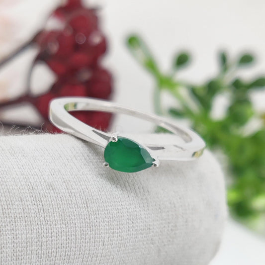 Green Onyx Sterling Silver Ring: Pear Gemstone Stacking Band Jewelry, May Birthstone Gift