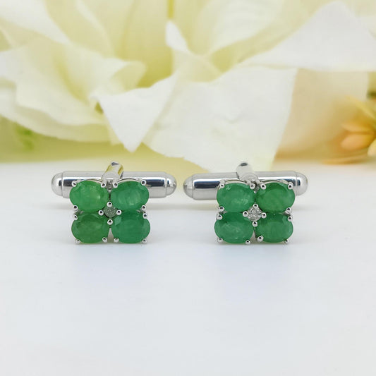 Natural Emerald Oval Cufflinks, 925 Sterling Silver, May Birthstone Gift for Him