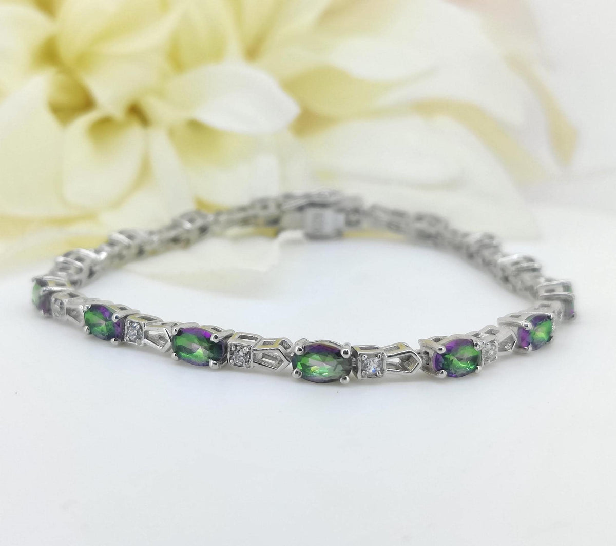 Oval Mystic Topaz Tennis Bracelet, Sterling Silver, November Birthstone, Anniversary Gift
