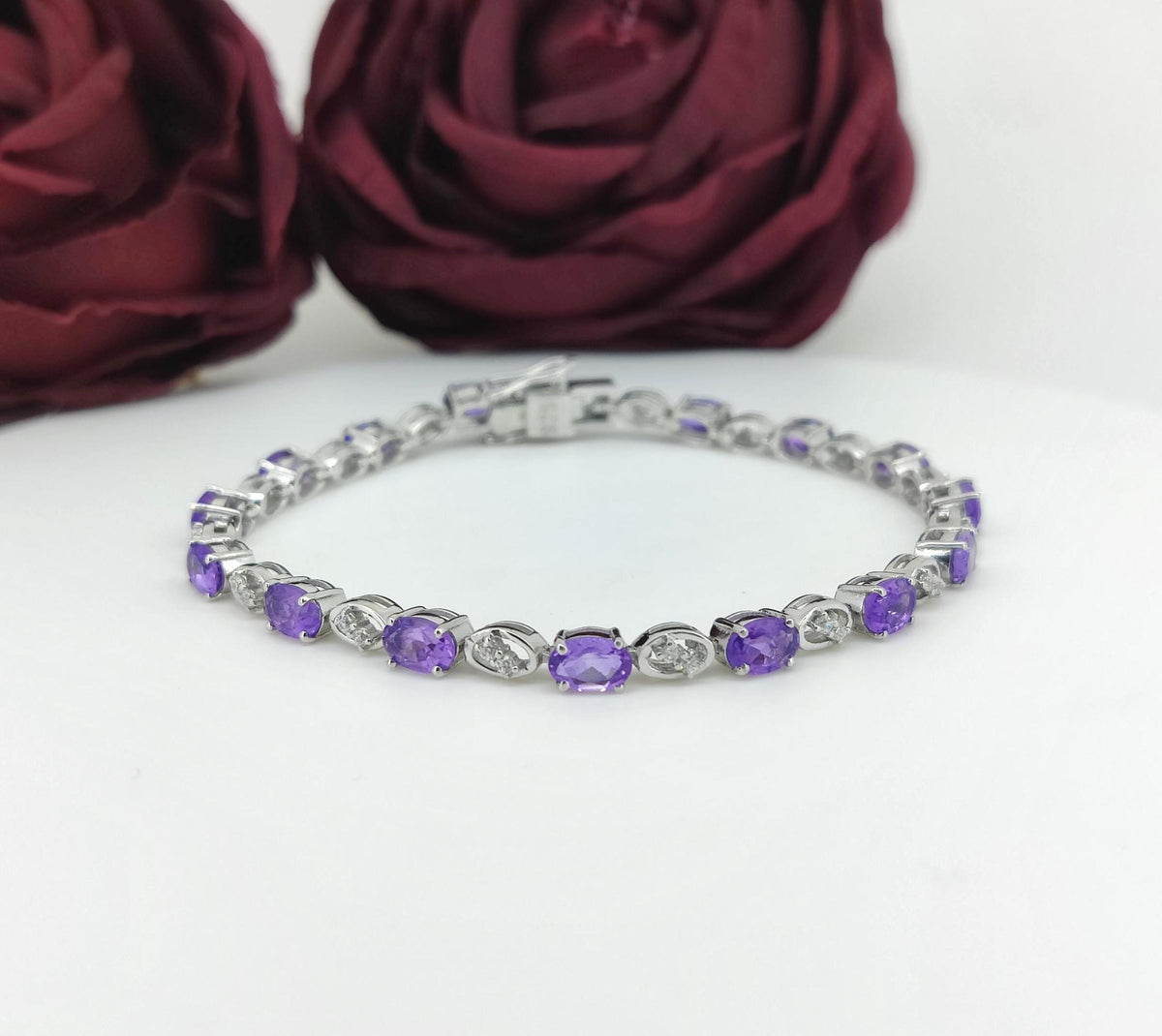 Amethyst Tennis Bracelet, 925 Sterling Silver, Oval Cut Gemstone Jewelry (6x4mm)