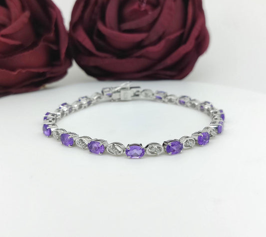 Amethyst Tennis Bracelet, 925 Sterling Silver, Oval Cut Gemstone Jewelry (6x4mm)