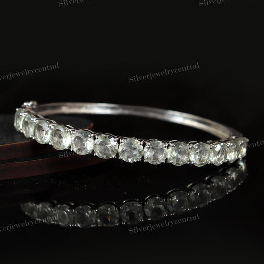 Natural Green Amethyst Bangle | 925 Sterling Silver, February Birthstone, Round Gemstone Bracelet