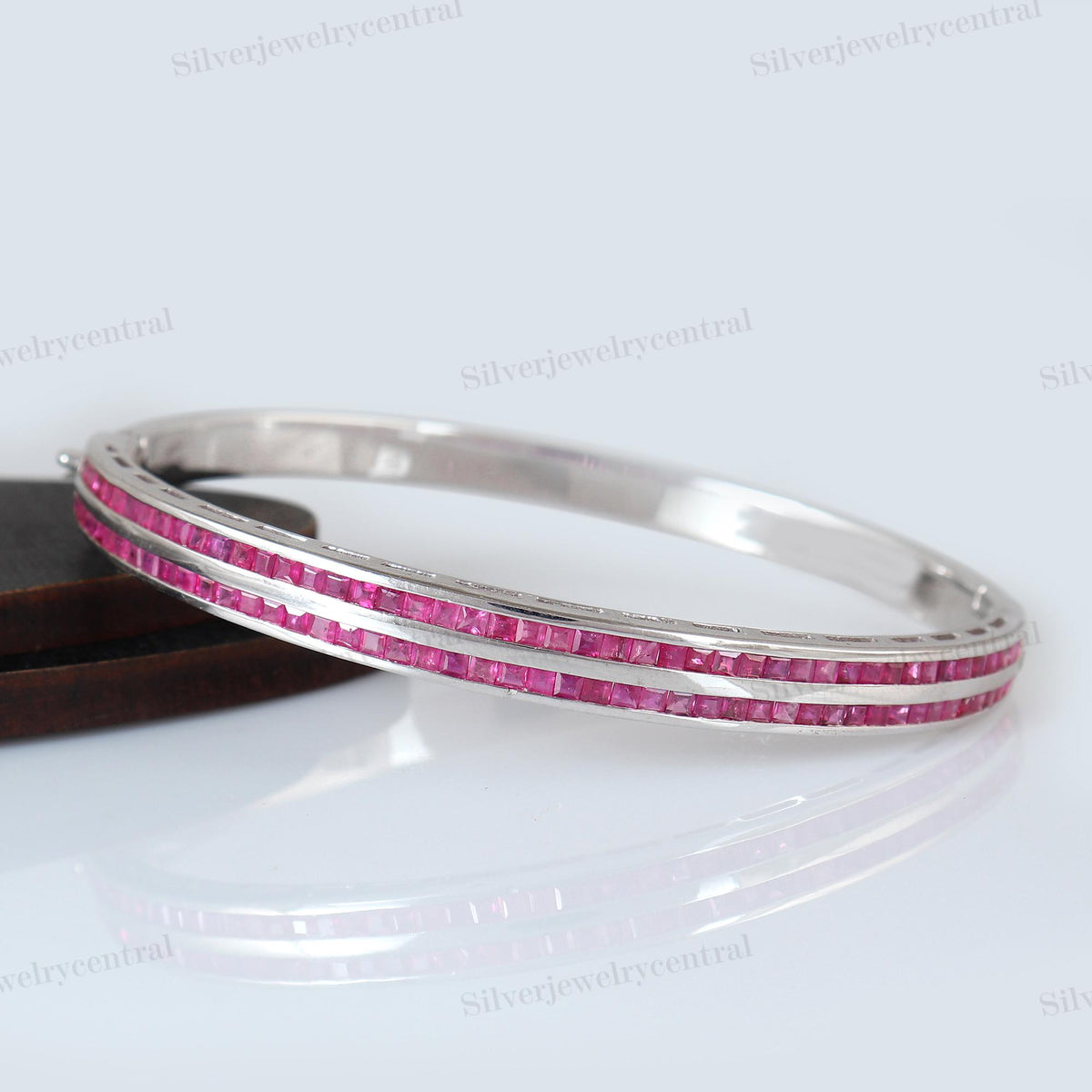 Natural Ruby Bangle, Sterling Silver, Square Cut Gemstone, July Birthstone, Stackable Bracelet