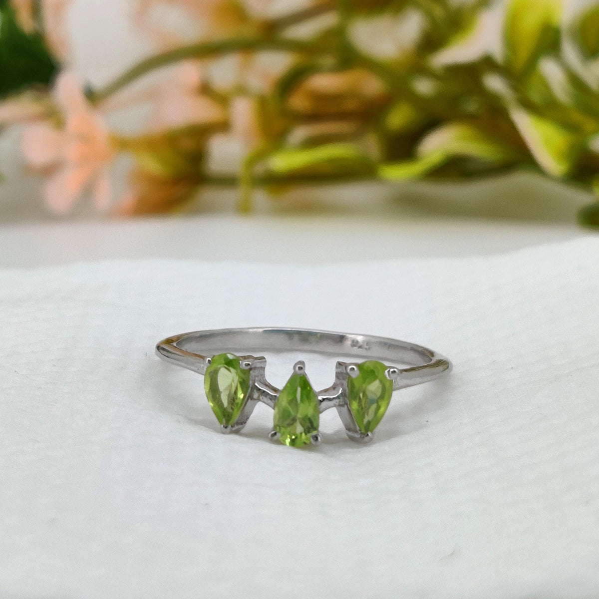 925 Silver Peridot Ring: Pear Cut December Gift for her