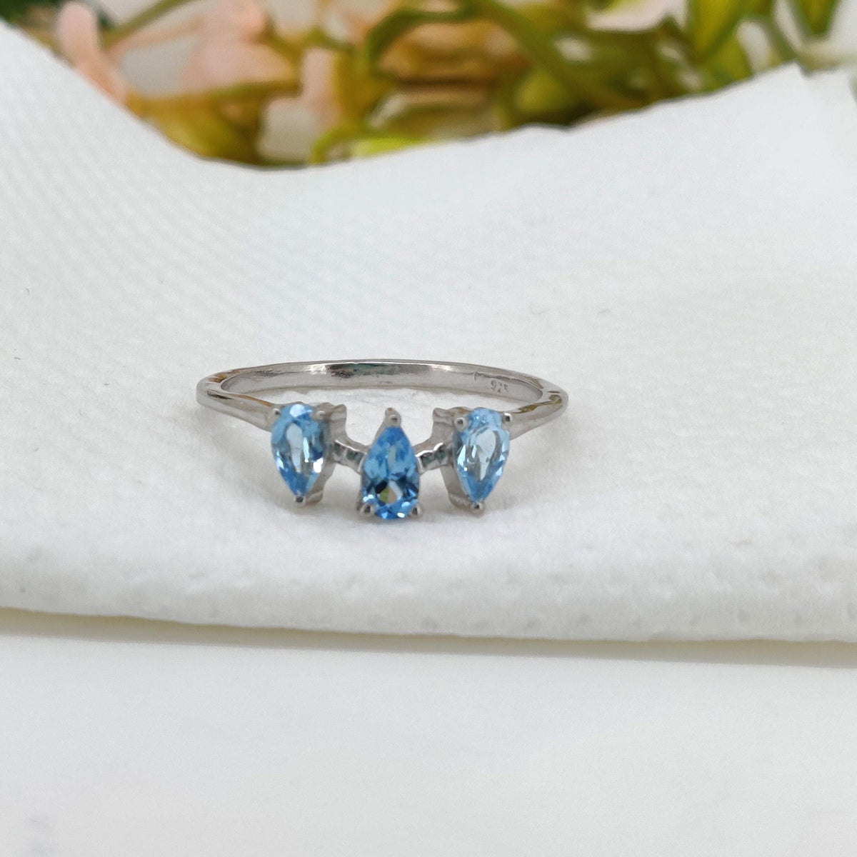 925 Silver Blue Topaz Ring: Pear Cut December Gift for her
