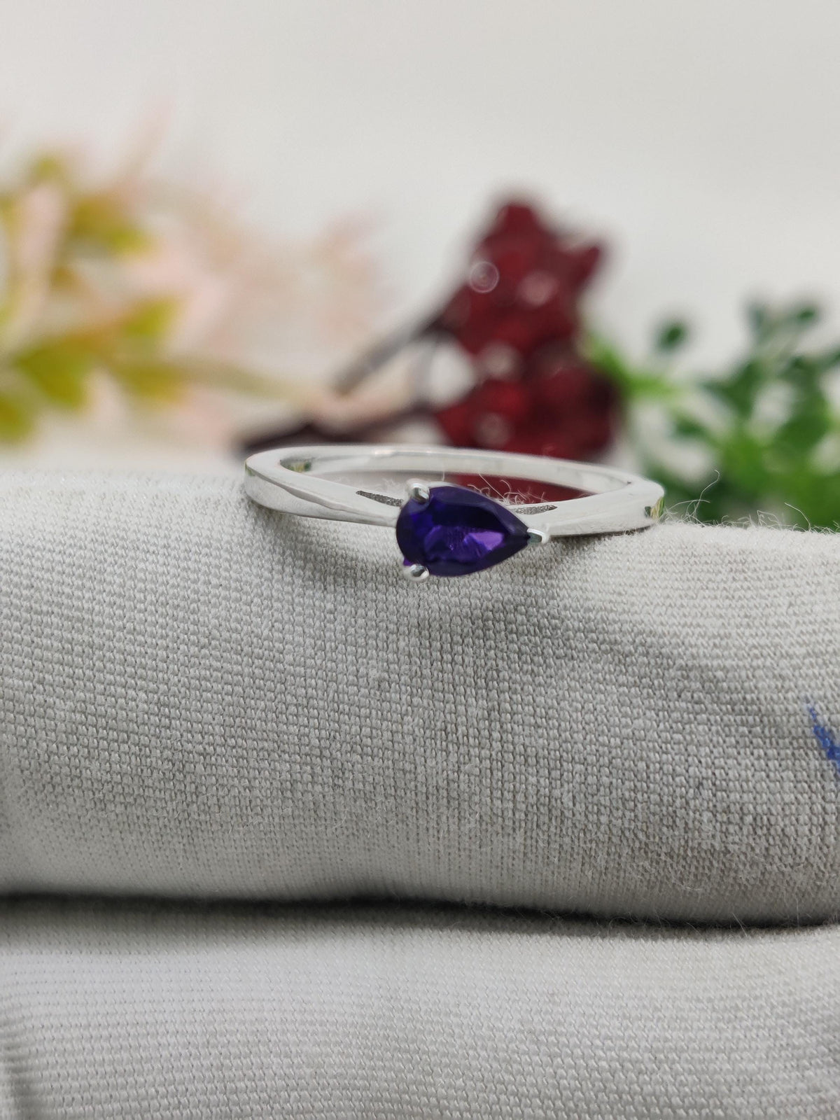 African Amethyst Sterling Silver Ring: Pear Gemstone Stacking Band, Gifts For Her