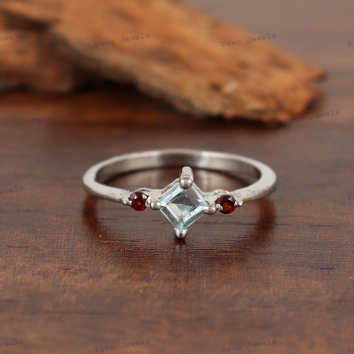 Blue Topaz- Garnet Ring Sterling Silver Two Stone Birthstone Gift