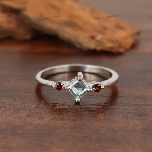 Blue Topaz- Garnet Ring Sterling Silver Two Stone Birthstone Gift