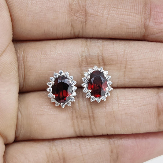 Oval Garnet Stud Earrings: Red Gemstone, Sterling Silver, January Birthstone