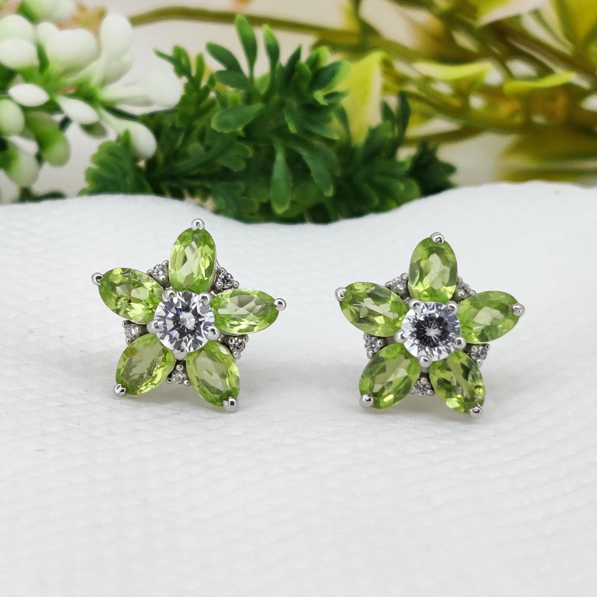 Peridot Flower Stud Earrings: August Birthstone, Sterling Silver