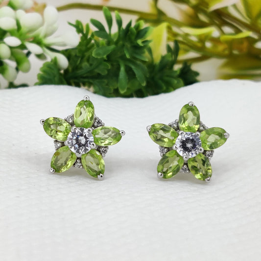 Peridot Flower Stud Earrings: August Birthstone, Sterling Silver