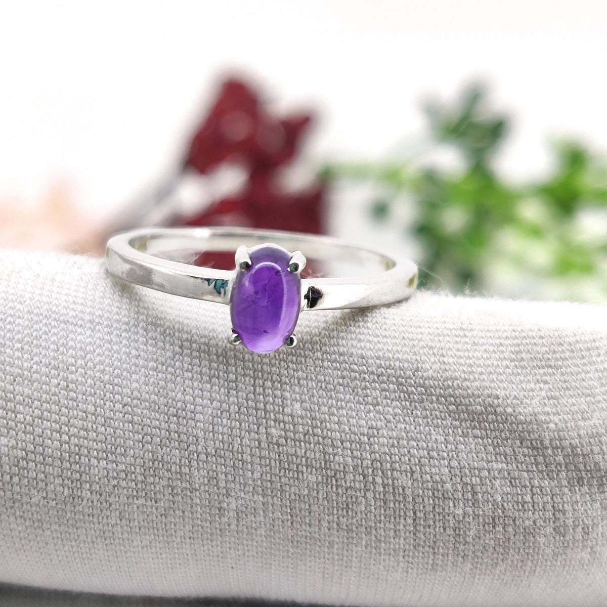 Amethyst Sterling Silver Ring, February Birthstone, Oval Gemstone Band, Anniversary & Birthday Gift For Her