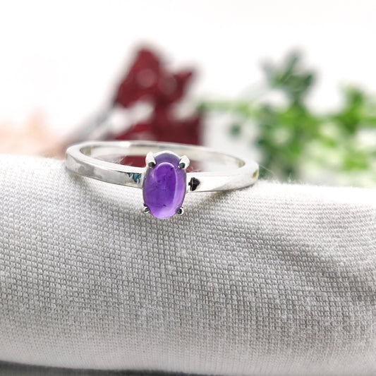 Amethyst Sterling Silver Ring, February Birthstone, Oval Gemstone Band, Anniversary & Birthday Gift For Her