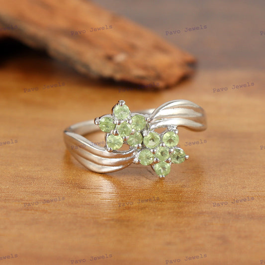 Sterling Silver Peridot Flower Ring, Handmade Gemstone Ring