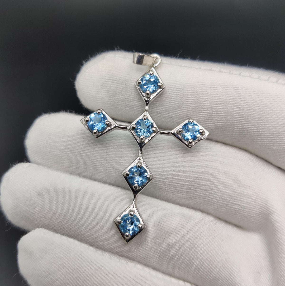 Sterling Silver Swiss Blue Topaz Cross Pendant - December Birthstone