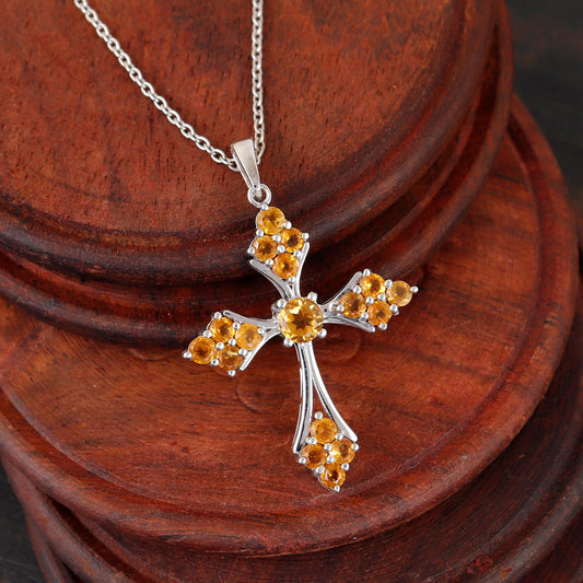 Citrine Cross Pendant Necklace Sterling Silver Holy Gemstone Jewelry