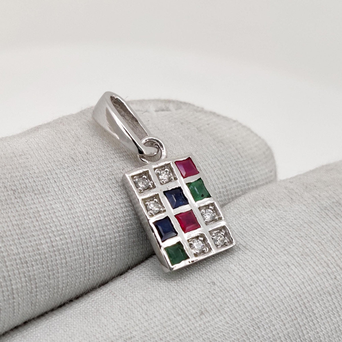 Sterling Silver Multi Gemstone Square Pendant: Ruby, Emerald, Sapphire, Diamond Jewelry