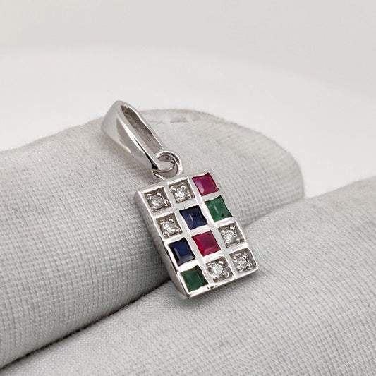 Sterling Silver Multi Gemstone Square Pendant: Ruby, Emerald, Sapphire, Diamond Jewelry