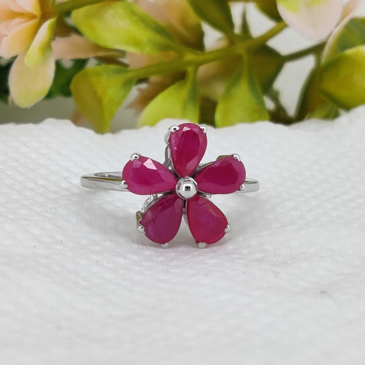 Ruby Gemstone Ring, 925 Sterling Silver, July Birthstone, Handmade Flower Jewelry