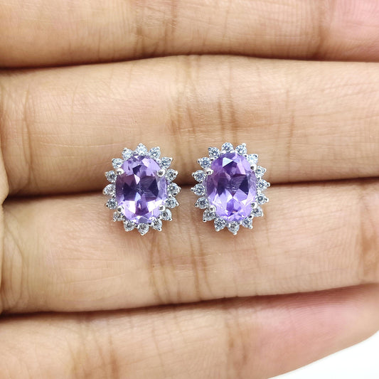 Natural Amethyst Stud Earring-Oval Gemstone-February Birthstone Earrings-925 Sterling Silver-Purple Amethyst Jewelry-Gift for mother's Day