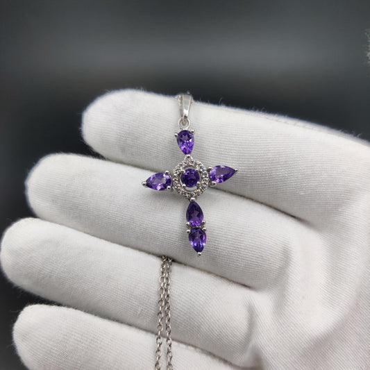 Amethyst Cross Pendant, Sterling Silver Unique Handmade Necklace Jewelry For Women