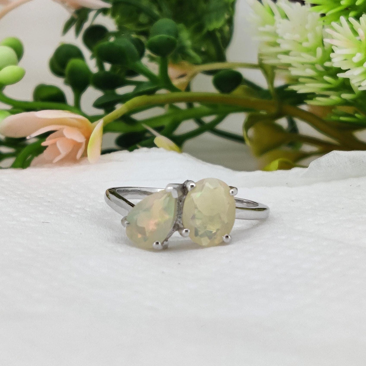 Ethiopian Opal Two Stone Ring, 925 Sterling Silver, October Birthstone