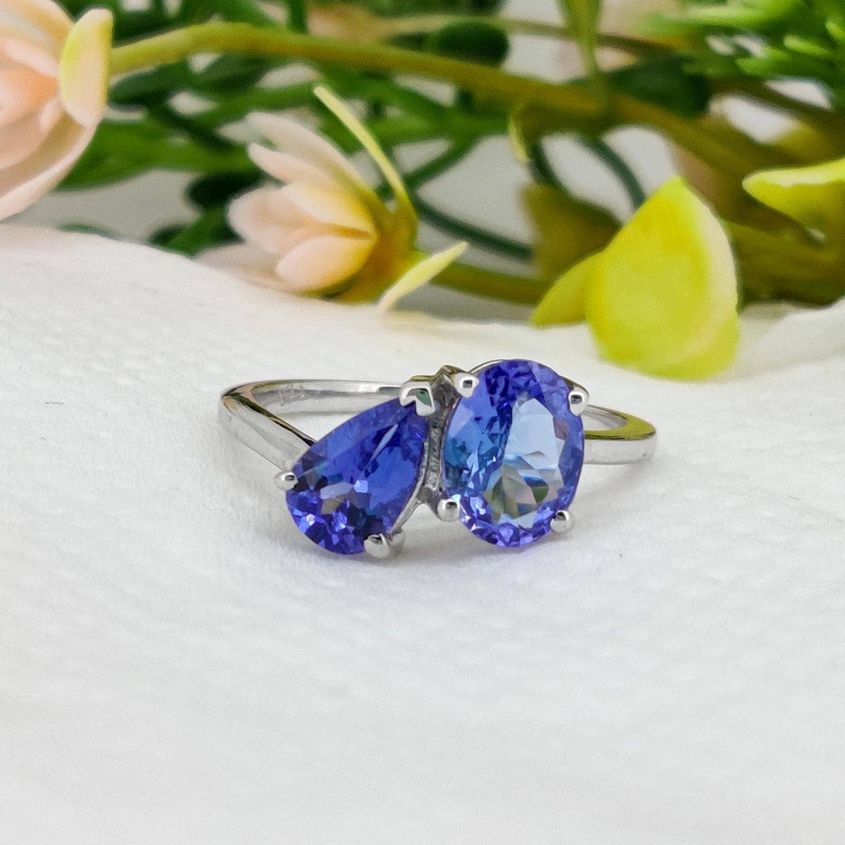 Natural Tanzanite Two Stone Ring, 925 Sterling Silver, December Birthstone