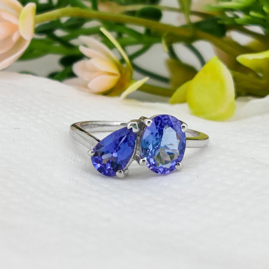 Natural Tanzanite Two Stone Ring, 925 Sterling Silver, December Birthstone