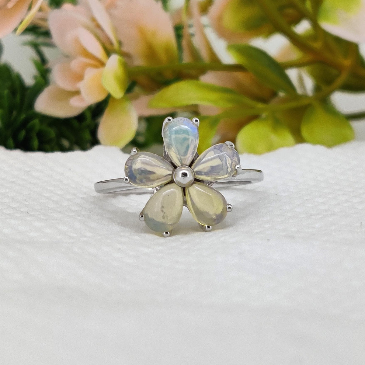 Ethiopian Opal Flower Ring, 925 Sterling Silver, October Birthstone, Handmade Cabochon Jewelry