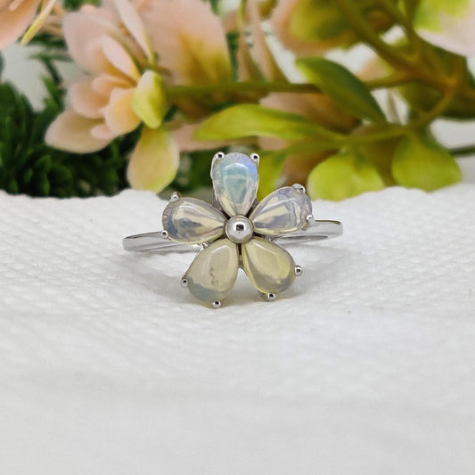 Ethiopian Opal Flower Ring, 925 Sterling Silver, October Birthstone, Handmade Cabochon Jewelry