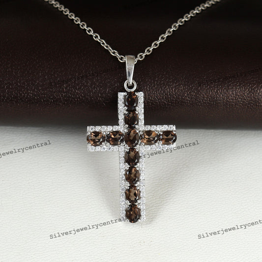 Smoky Quartz Cross Pendant: 925 Sterling Silver Holy Jewelry