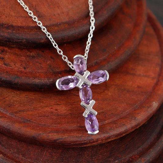 Purple Amethyst Sterling Silver Cross Pendant: Dainty Christmas Oval Handmade Necklace