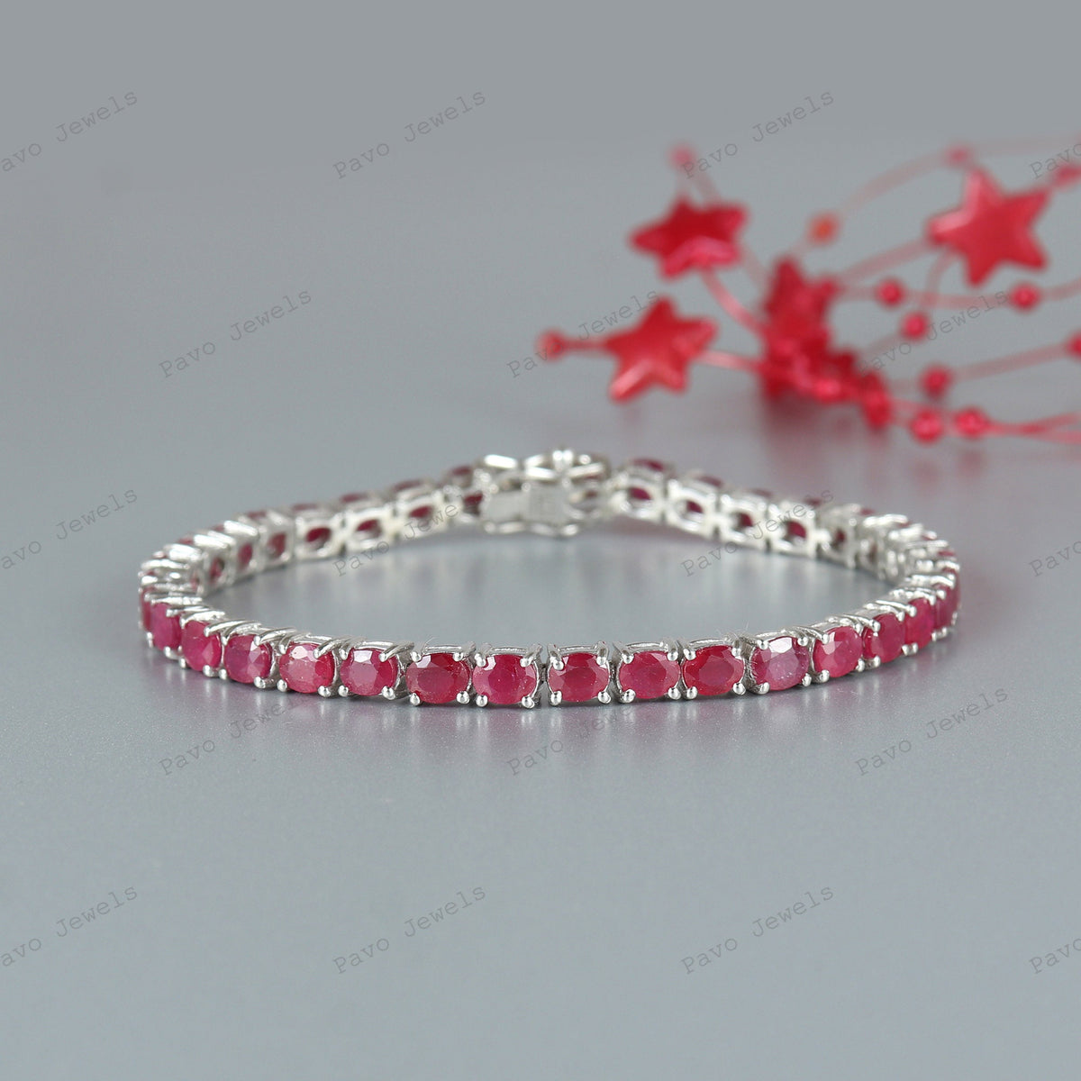Natural Ruby Tennis Bracelet, Sterling Silver, Oval Cut, July Birthstone Jewelry
