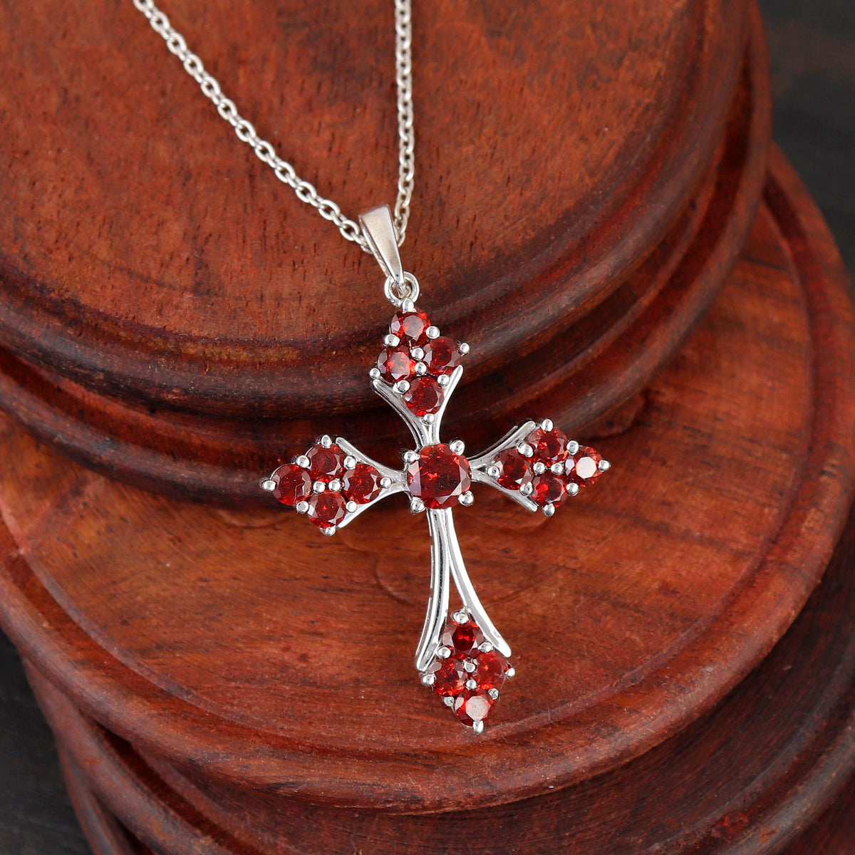 Garnet Cross Pendant Necklace Sterling Silver Holy Handmade Jewelry