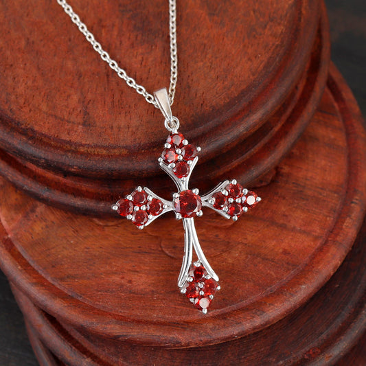 Garnet Cross Pendant Necklace Sterling Silver Holy Handmade Jewelry
