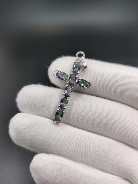 Mystic Topaz Holy Cross Pendant, Sterling Silver Cross Necklace For Christmas