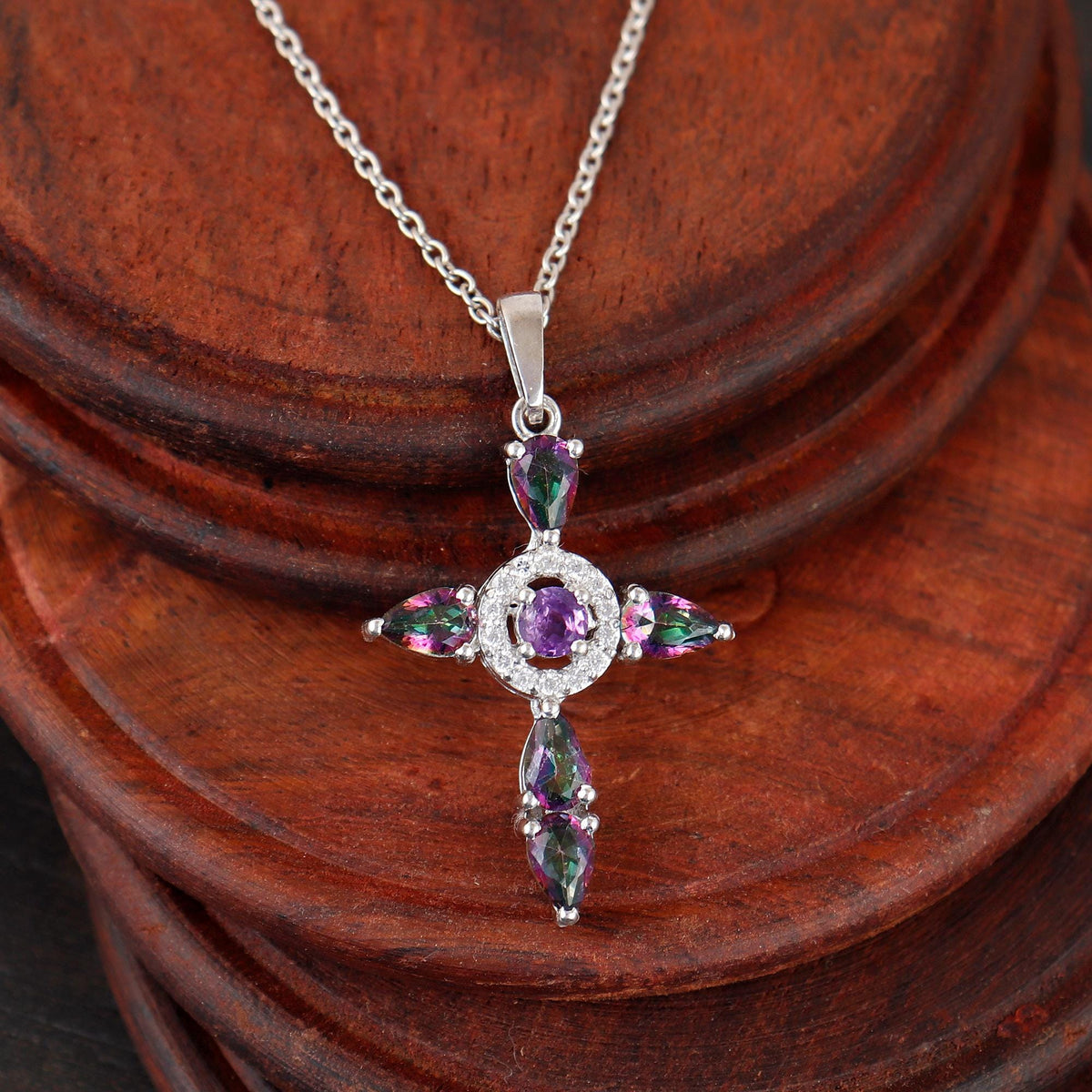 Mystic Topaz Cross Pendant: Sterling Silver Holy Cross Necklace Christmas Gift
