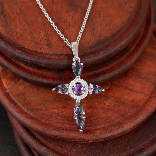 Mystic Topaz Cross Pendant: Sterling Silver Holy Cross Necklace Christmas Gift