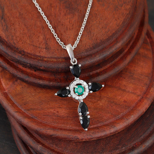 Black Onyx Cross Pendant: Sterling Silver Holy Cross Necklace Christmas Gift