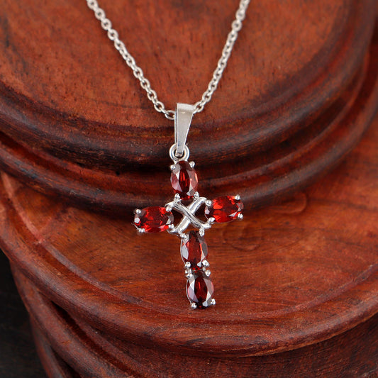 Garnet Cross Pendant: Sterling Silver Holy Cross Necklace Christmas Gift