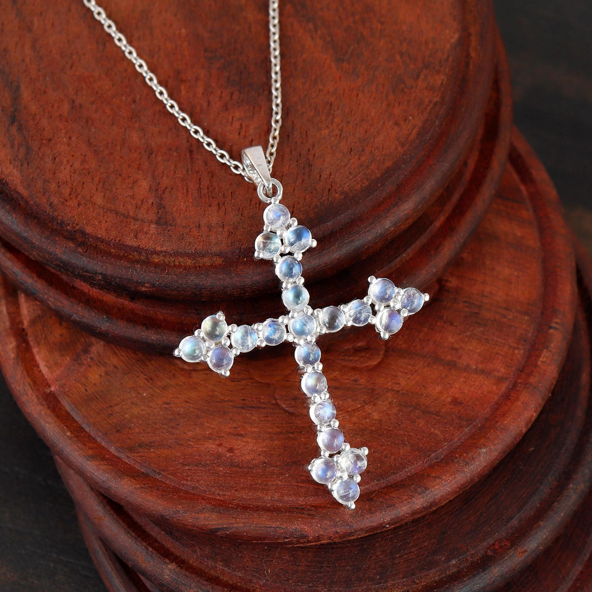 Rainbow Moonstone Cross Pendant: Sterling Silver Holy Cross, Christmas