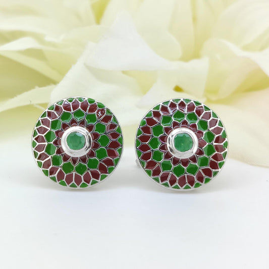 Emerald Enamel Cufflinks, Sterling Silver, Red Green Floral Design, May Birthstone Accessories
