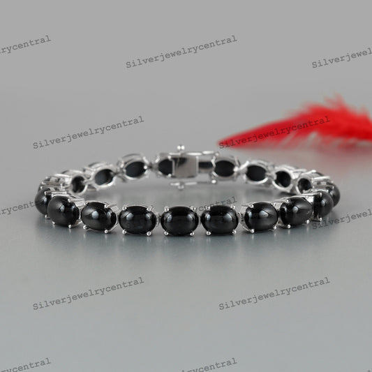 Natural Black Star Oval Cabochon Sterling Silver Bracelet
