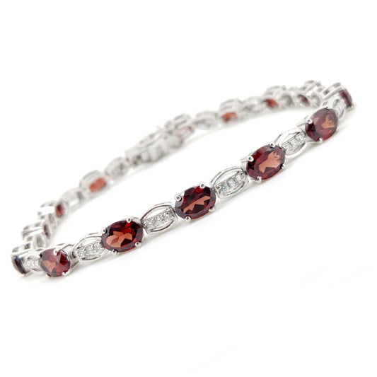Oval Garnet Tennis Bracelet, Sterling Silver, January Birthstone, Double Safety Clasp